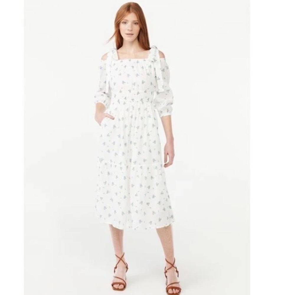 Free Assembly Blue Floral Cotton Gauze Midi Dress Tie Strap Pockets Medium